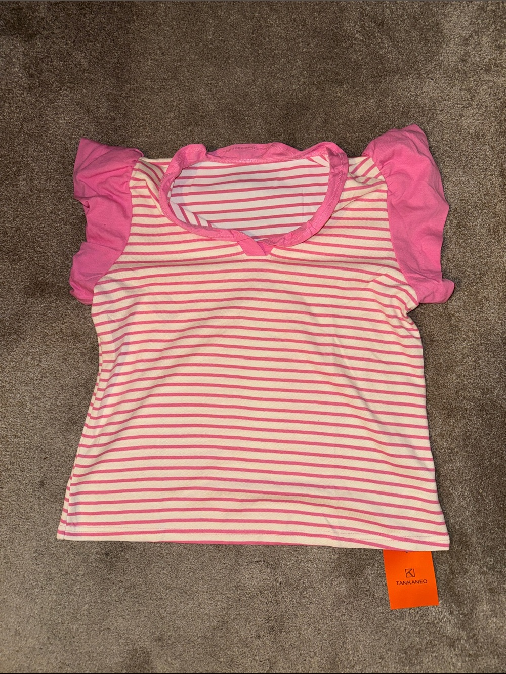 Pink & Cream Striped Ruffle-Sleeve Tee Top